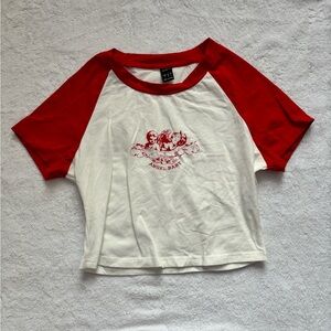 Red And White Color Block Crop Top BARLEY WORN Small - Angel Print On Front